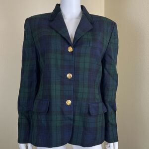 Vintage Lauren Ralph Lauren Women Size 14 Tartan Plaid Wool Blazer Jacket USA